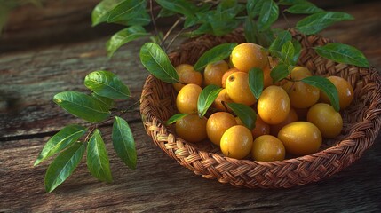 Golden Marbles of Sunshine Fresh Plum Fruits Rustic Basket Natural Light Harvest Season Healthy