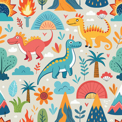 Obraz premium A cartoon vector illustration set featuring a seamless pattern of funny baby animal and bird characters