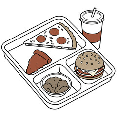 Pizza burger mashed potatoes drink on tray vector