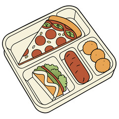 Beige lunch tray with pepperoni pizza sausage and nuggets chicken nuggets food