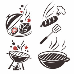 Barbecue grill icons steak sausage chef hat spatula sizzling food vector