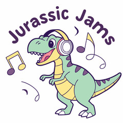 Green dinosaur wearing headphones listening to music yellow purple