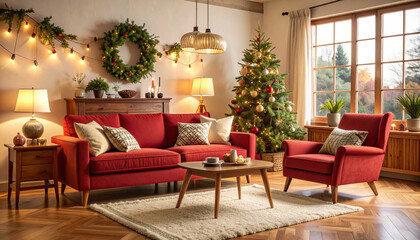 Fototapeta premium Creating a cozy midcentury living room with a red sofa a stylish retreat for relaxation