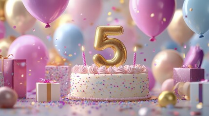 Celebrating a Fifth Birthday with Cake Balloons and Presents in a Festive Ambiance