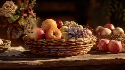 Woven Fruit Basket Still Life Autumn Harvest Apples Grapes Oranges and Natural Light on Wooden Table