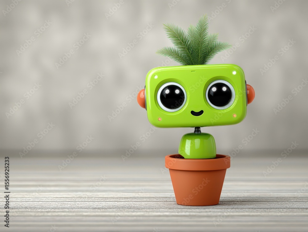 Poster a cheerful green robot resembling a friendly character emerges from a small terracotta pot topped wi