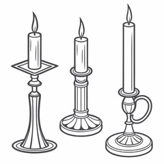 Three ornate candlesticks with lit candles flame light