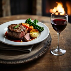 Juicy grilled steak with vegetables and red wine by a warm fireplace