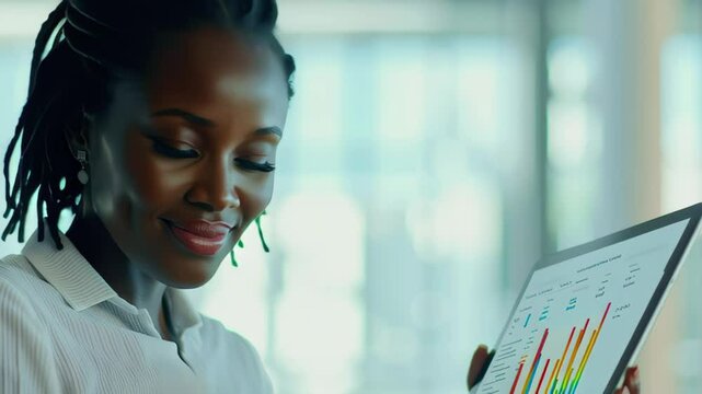 Financial data analysis by African American woman using tablet in modern office setting, financial data processing over african american businessman in office - Powered by Adobe