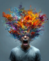 A raw portrayal of anguish, colors burst forth from a man's head, vividly illustrating the chaos within his mind.