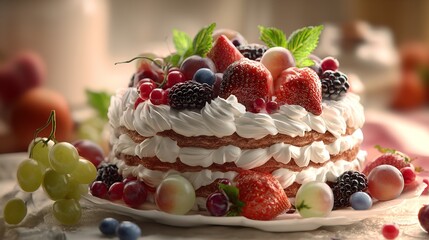 Decadent Berry Delight A Creamy Cake with Fresh Strawberries Blackberries Grapes Cherries White