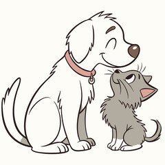 Cute white dog and grey kitten looking up puppy animal