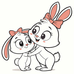 Two adorable bunnies hugging with pink bows rabbits sisters