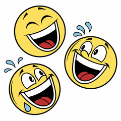 Fototapeta premium Three laughing yellow faces with blue sweat drops laughing faces emoji