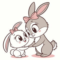 Two cute bunnies holding paws rabbits sisters