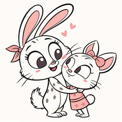 Two adorable white bunnies hugging with pink accents sisters love