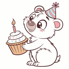 Adorable white bear celebrates with a festive cupcake and party hat birthday