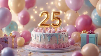 Celebration of 25th birthday with cake balloons and beautiful presents