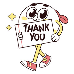 Cheerful character holding thank you message cartoon sign