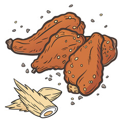 Delicious grilled chicken wings with seasoning and wooden skewers food poultry