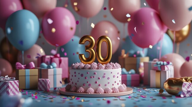 Celebration scene featuring a 30th birthday cake surrounded by gifts and balloons