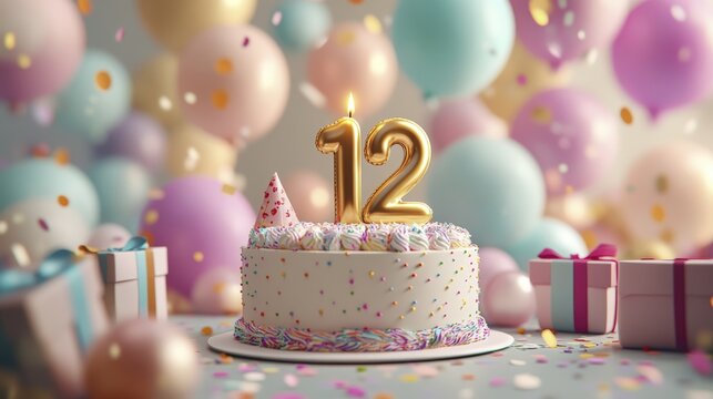 Celebratory 12th Birthday Cake with Balloons and Presents in Pastel Colors