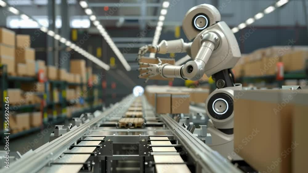Poster a robot is working in a warehouse, sorting boxes. the robot is white and has a robotic arm