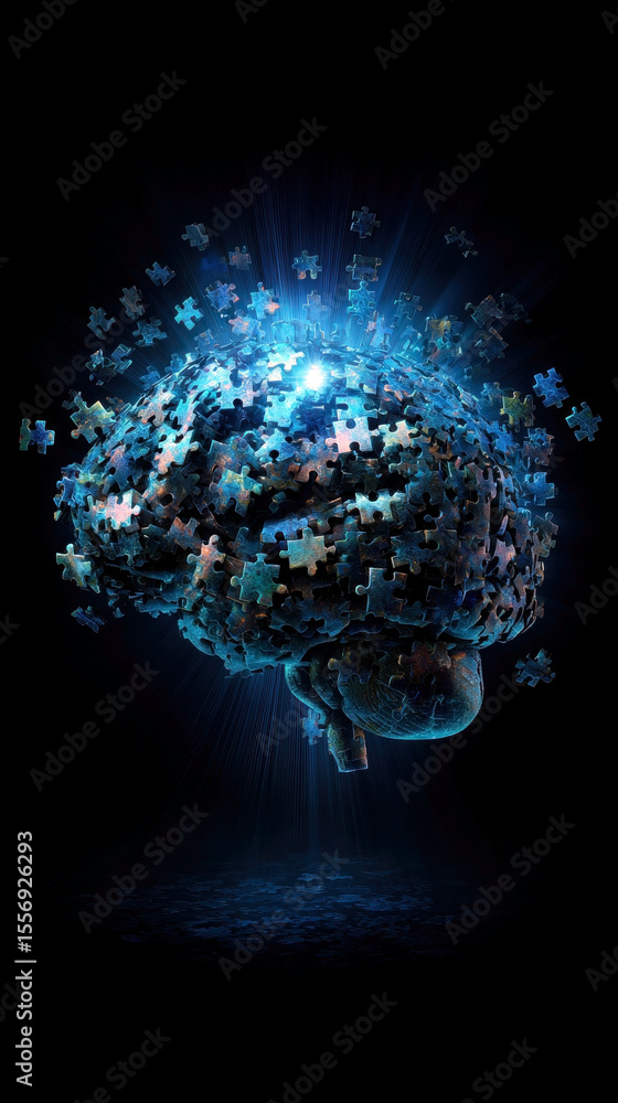 Poster an artistic representation of a brain composed of glowing puzzle pieces, symbolizing the complexity 