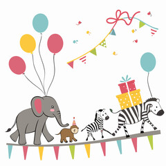 Elephant zebra parade with balloons and presents vector