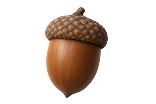 Photorealistic 3d rendering of wooden acorn with detailed surface texture, cap intact, floating against transparent backdrop