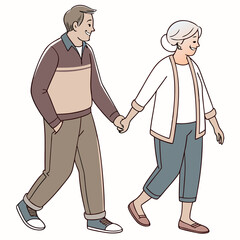 Smiling elderly couple walking hand in hand holding hands happy
