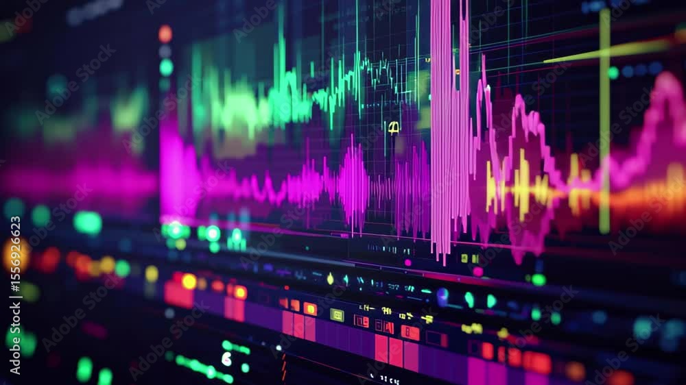Poster colorful audio waveform analyzer displaying vibrant sound patterns and frequencies in digital format