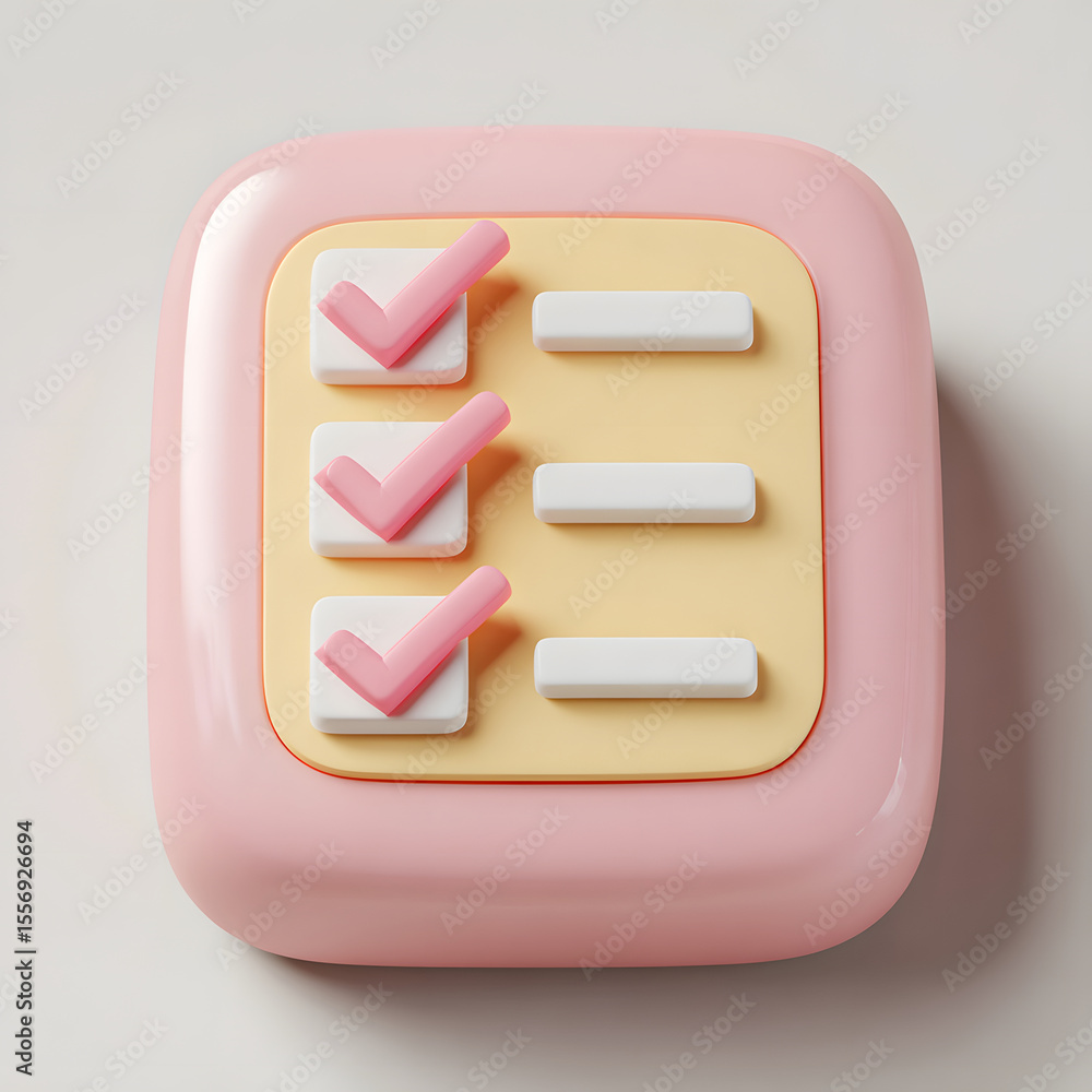 Poster 3d render of a pink checklist icon with three items, three checks marked, and three blank lines.