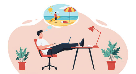 An office worker escapes stress by daydreaming of a beach vacation. A clean vector showing the need for work-life balance and holiday leave. Set for remote work burnout, Remote work stress, lifestyle