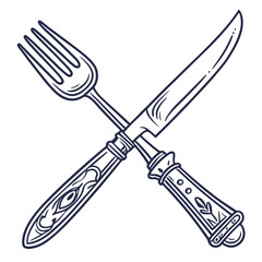 Ornate fork and knife crossed on white background cutlery eating