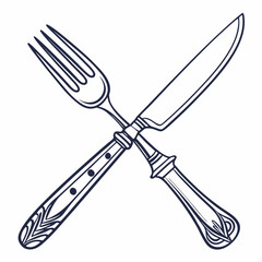 Ornate fork and knife crossed on white cutlery utensil