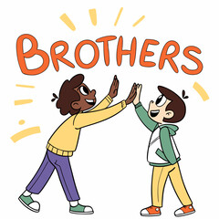 Two cartoon brothers high fiving with bold orange text high five friendship