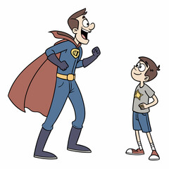 Father and son interaction with superhero dad costume cape
