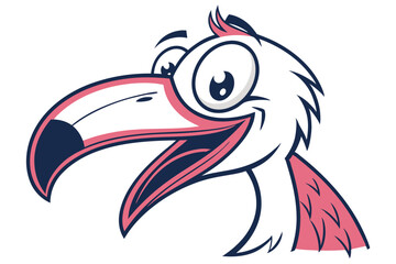 Animated flamingo cartoon head shows joy and amusement with a big open beak