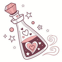 Pink cartoon potion bottle with hearts and sparkles love potion magic