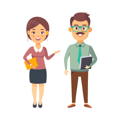 Smiling female teacher holding folder and male teacher with glasses cartoon