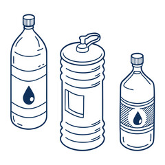 Three blue outline water bottles with water drop icons liquid containers beverage containers