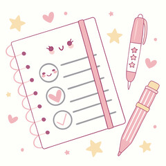 Cute pastel planner with pens and stars checklist notebook
