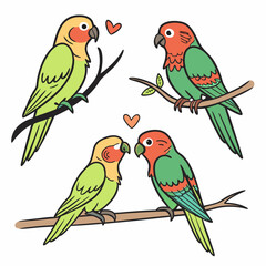 Cute lovebirds perched on branches with hearts parrots romance