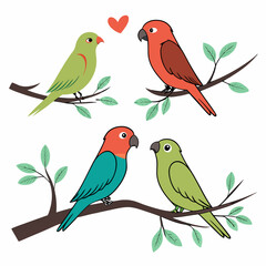 Lovebirds perched on branches with red heart parrots leaves