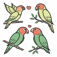 Lovebirds perched on branches with hearts parrots