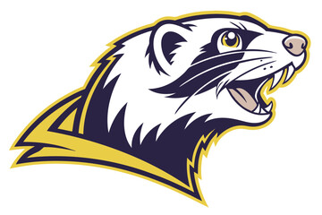 Ferret mascot head shows its teeth with a dark purple and gold emblem