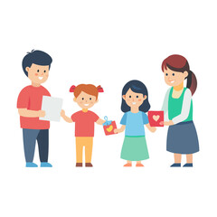 Family receiving handmade cards with hearts children giving