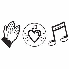 Clapping hands heart music note icons symbol black and white