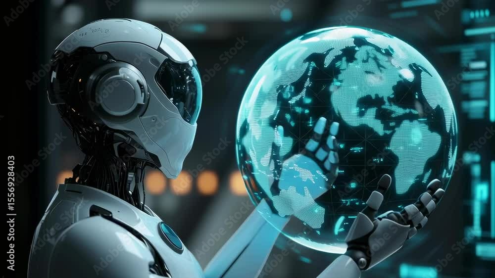Aufkleber a robot is looking at a globe. the robot is white and has a helmet on. the globe is blue and has a g